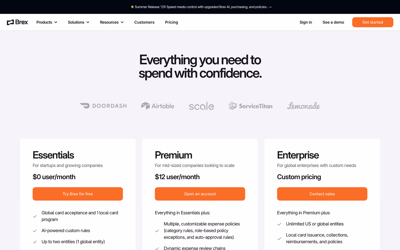 Brex Pricing Page Example