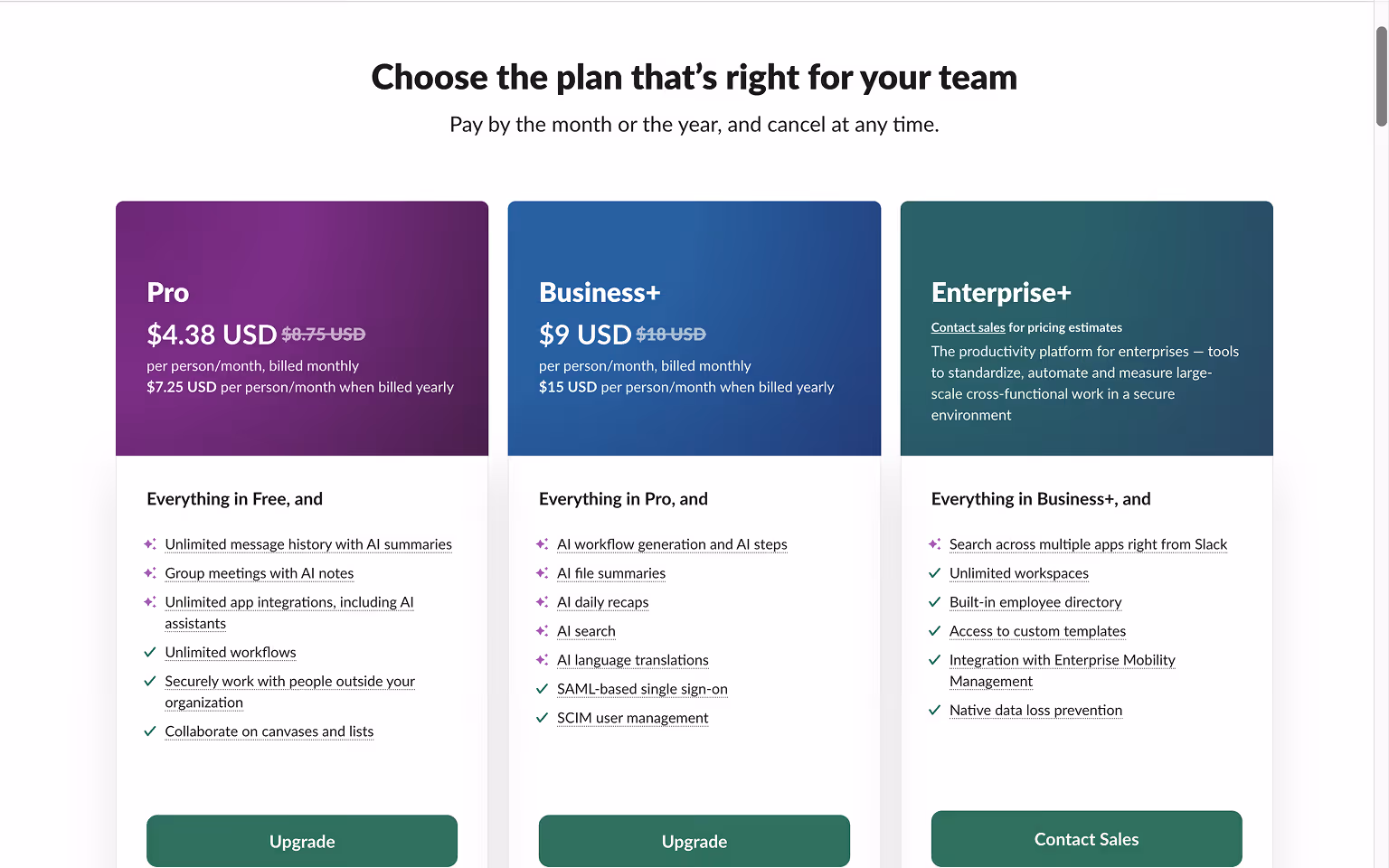 Slack Pricing Page Example