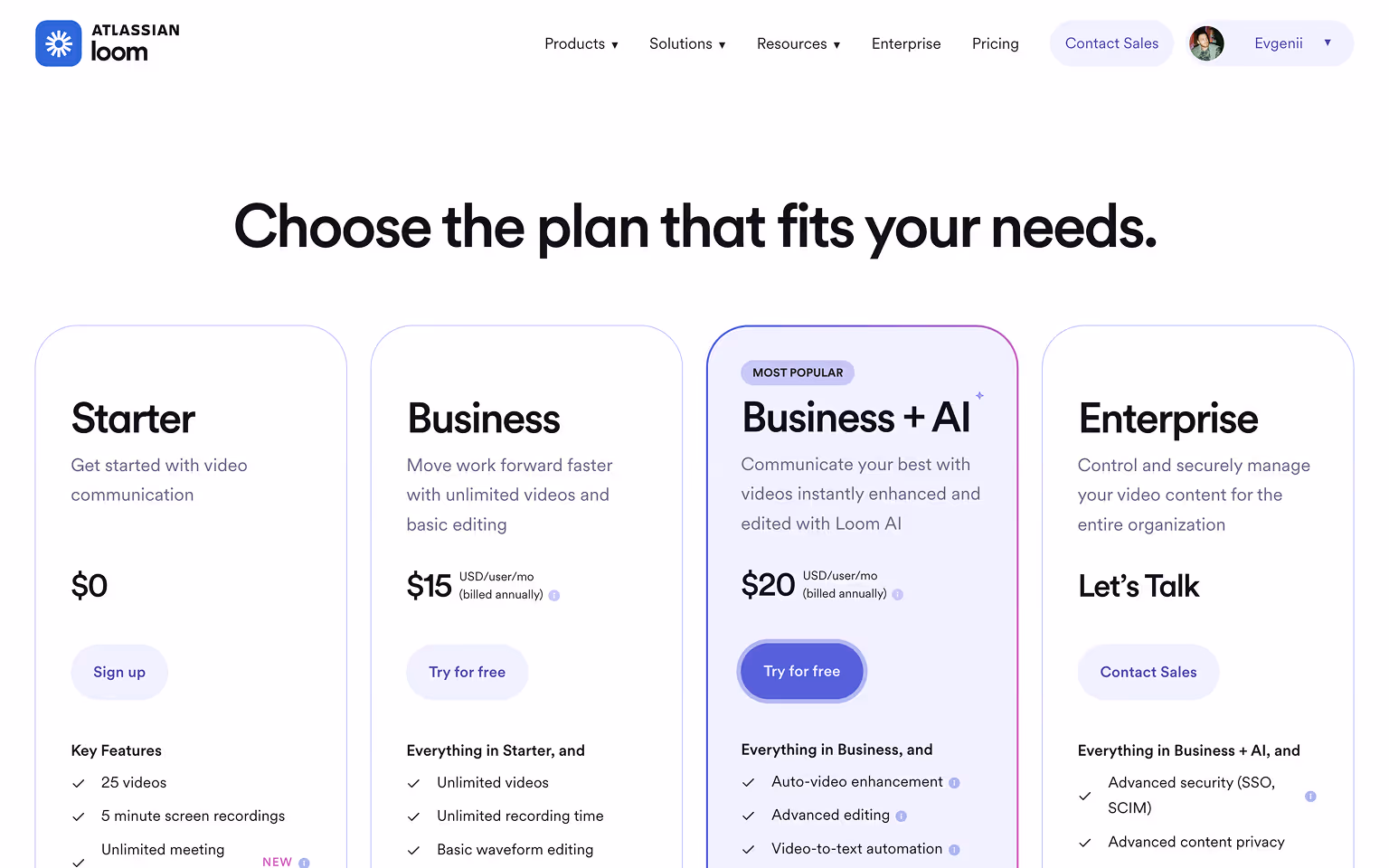 Loom Pricing Page Example