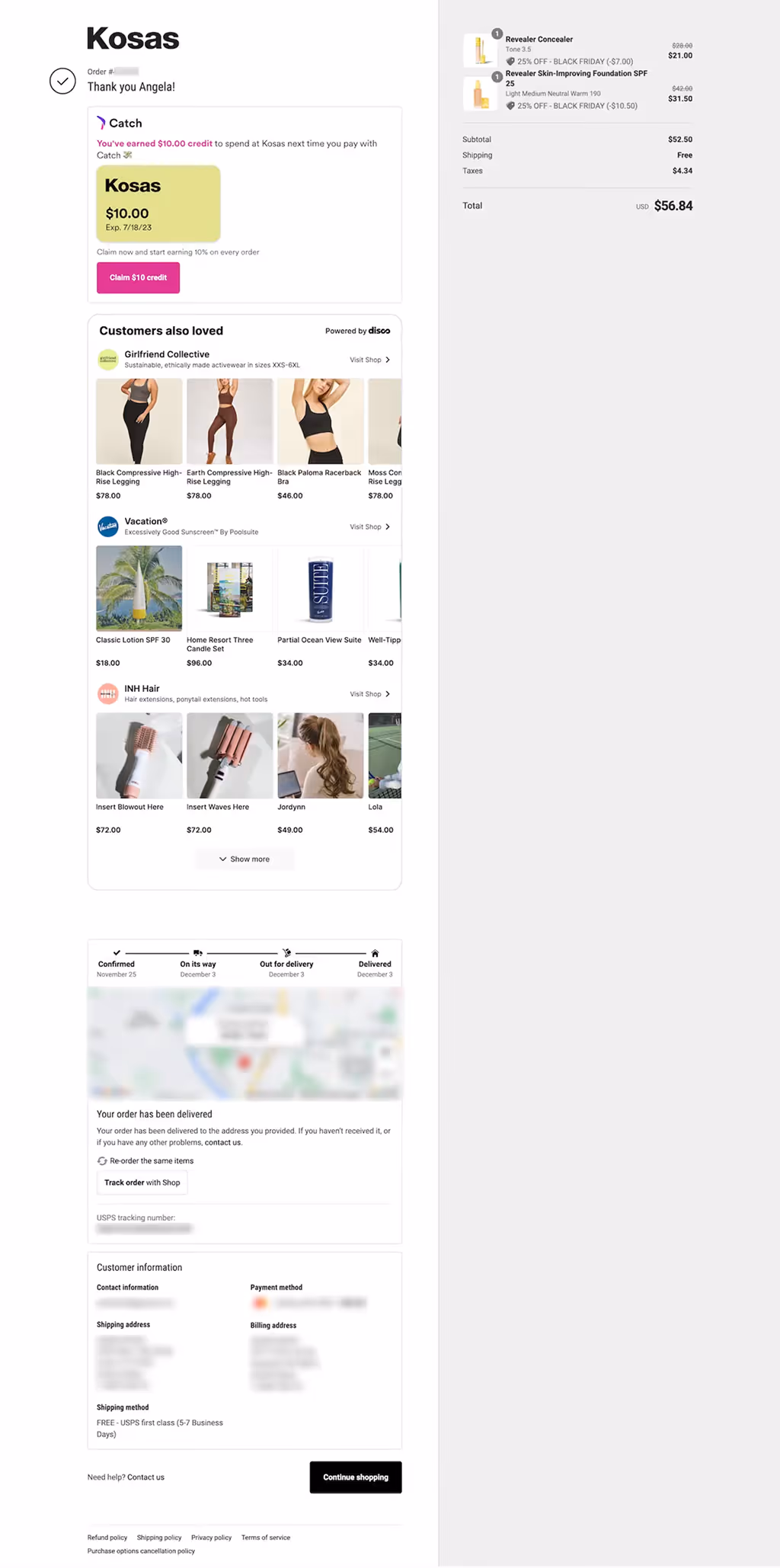 Kosas Ecommerce Thank You Page Example