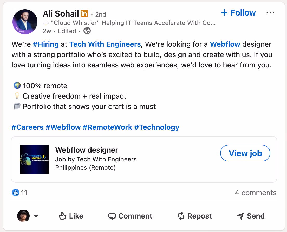 LinkedIn Post looking for Webflow Designer