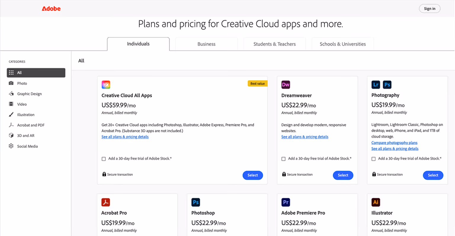 Dreamweaver vs Webflow: Dreamweaver Pricing