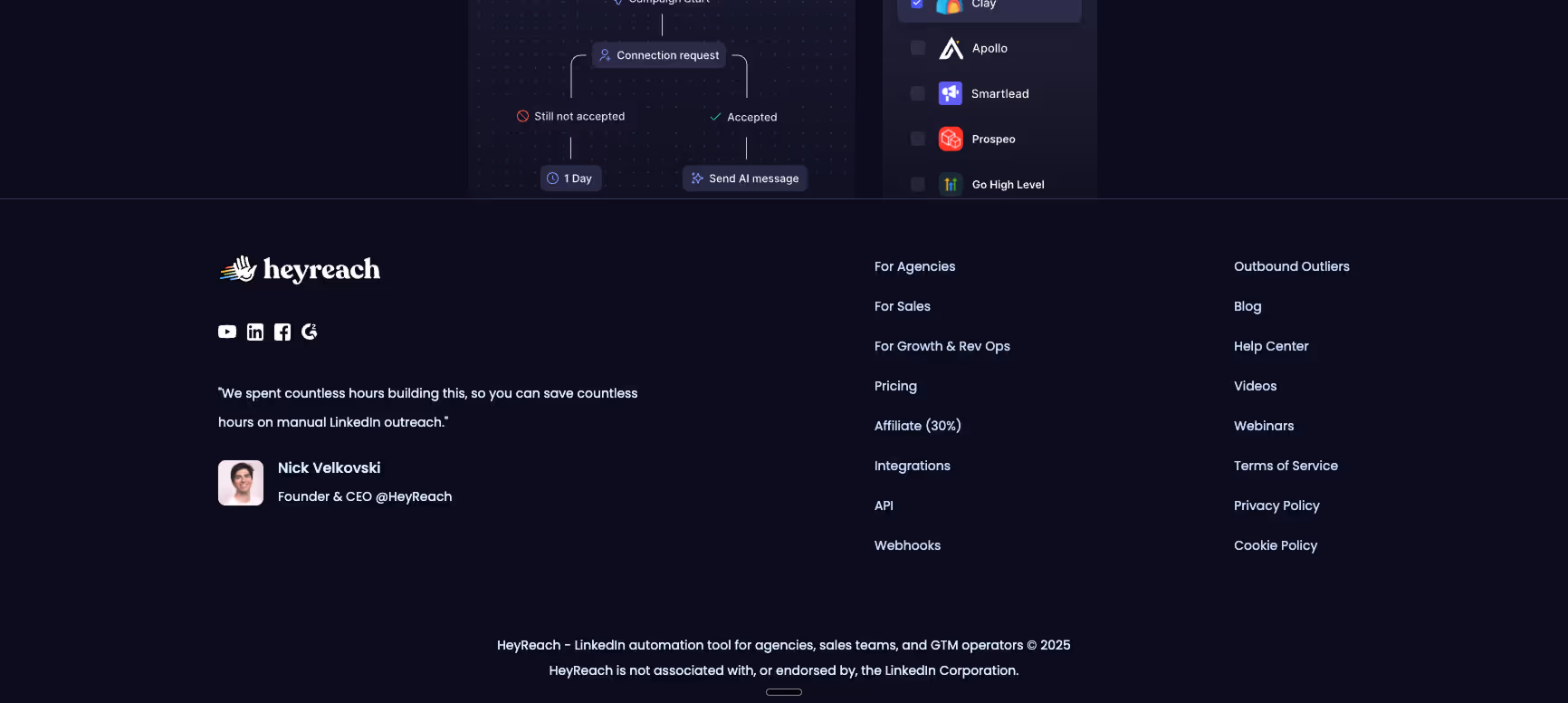 Website footer example #5: Hey Reach