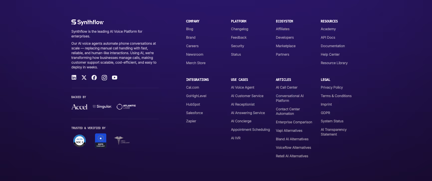 Website footer example #2: Synthflow.ai