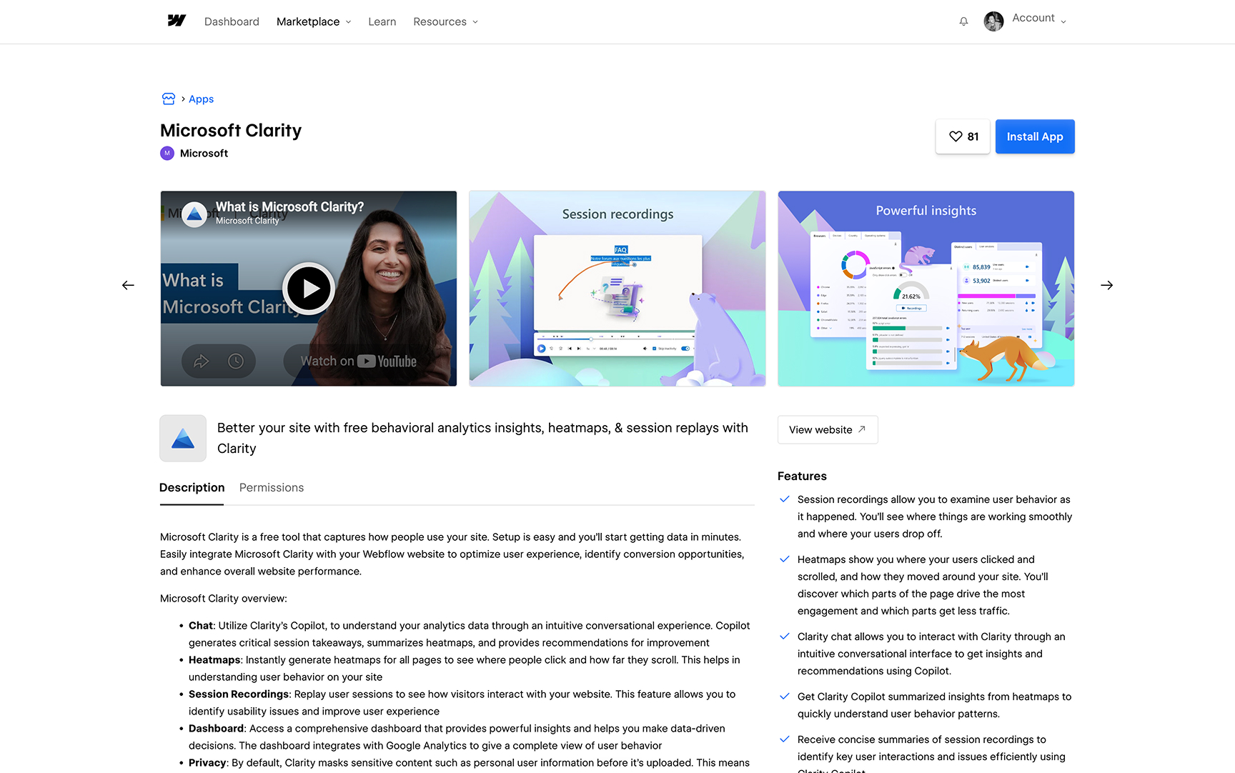 Microsoft clarity app in Webflow
