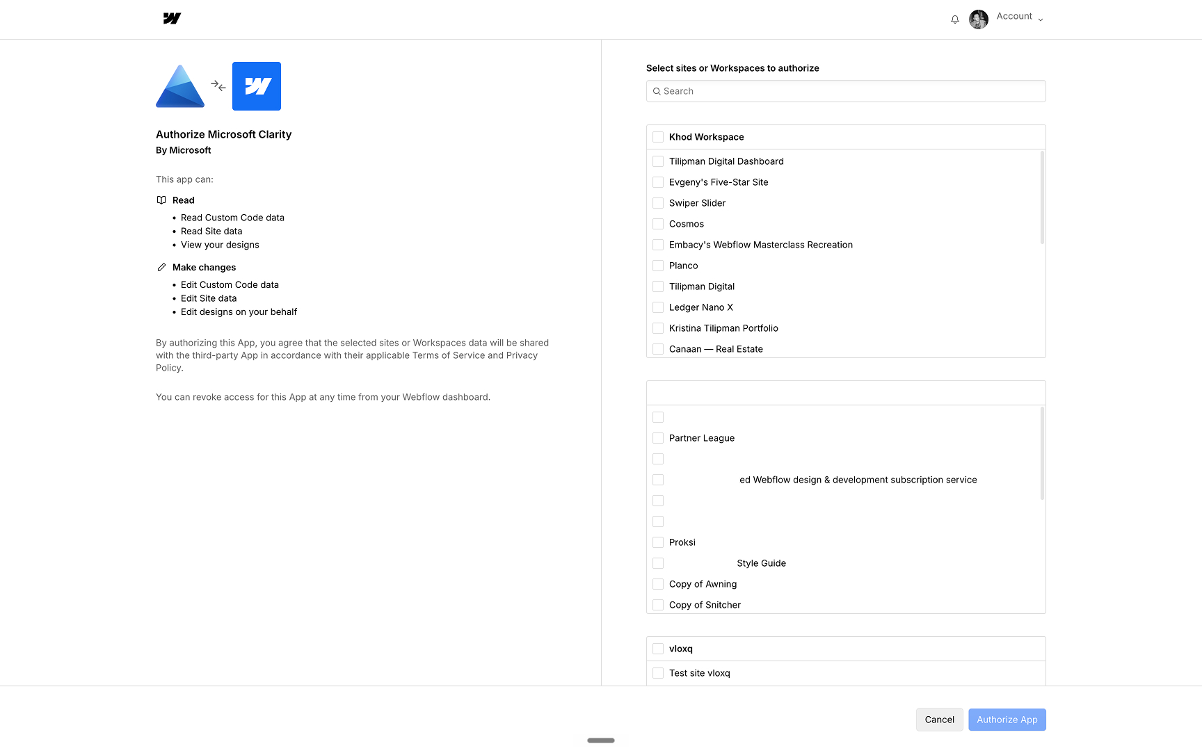 Choose site to add microsoft clarity to