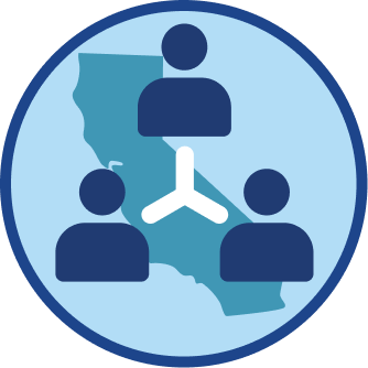 Icon of three dark blue person symbols connected by white lines inside a light blue circle, overlaid on a teal map shape of California with a dark blue border.