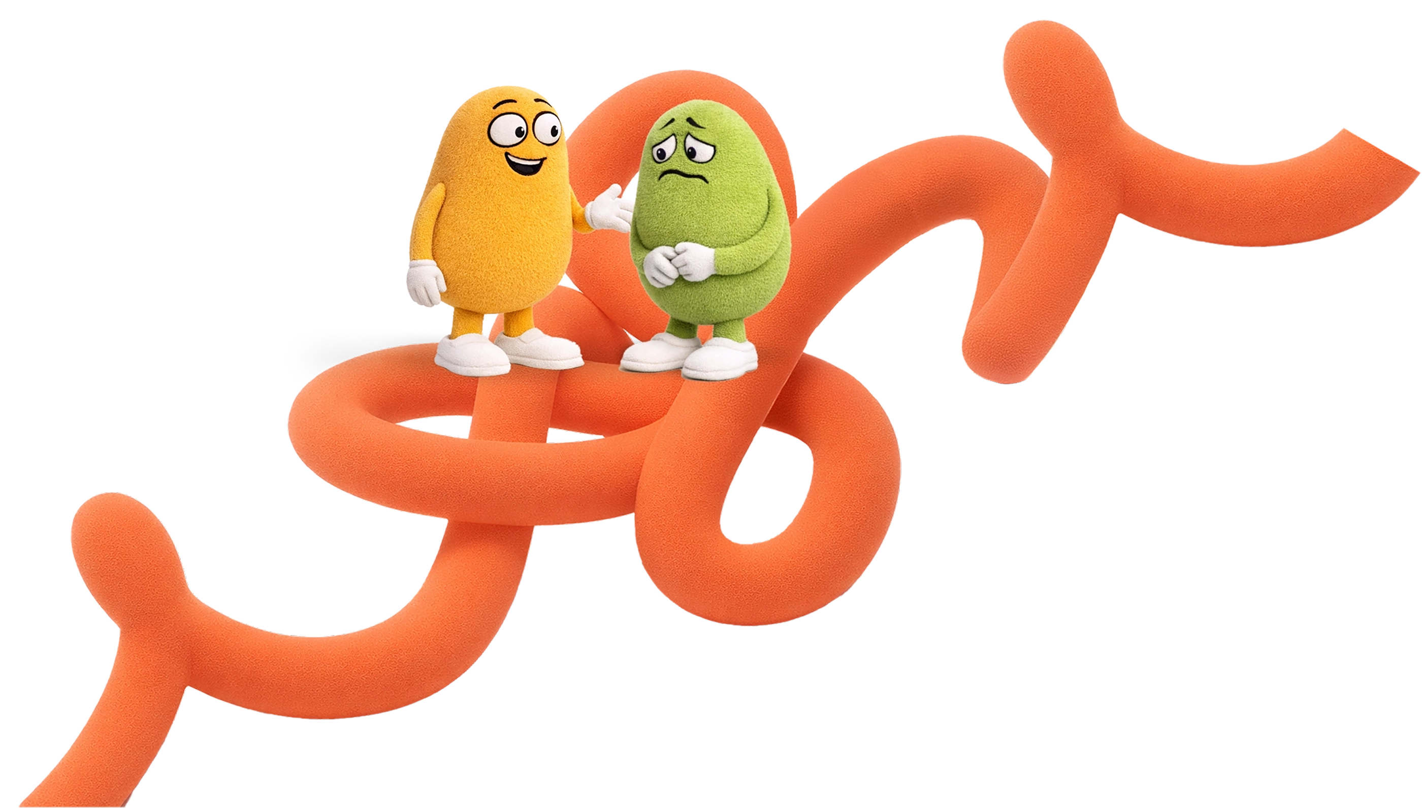 Illustrated characters standing on an orange knot representing difficult conversations in leadership training.