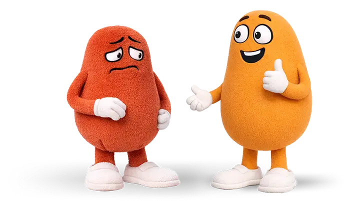 Two cartoon bean characters, one orange smiling and giving a thumbs-up, the other red with a sad expression.
