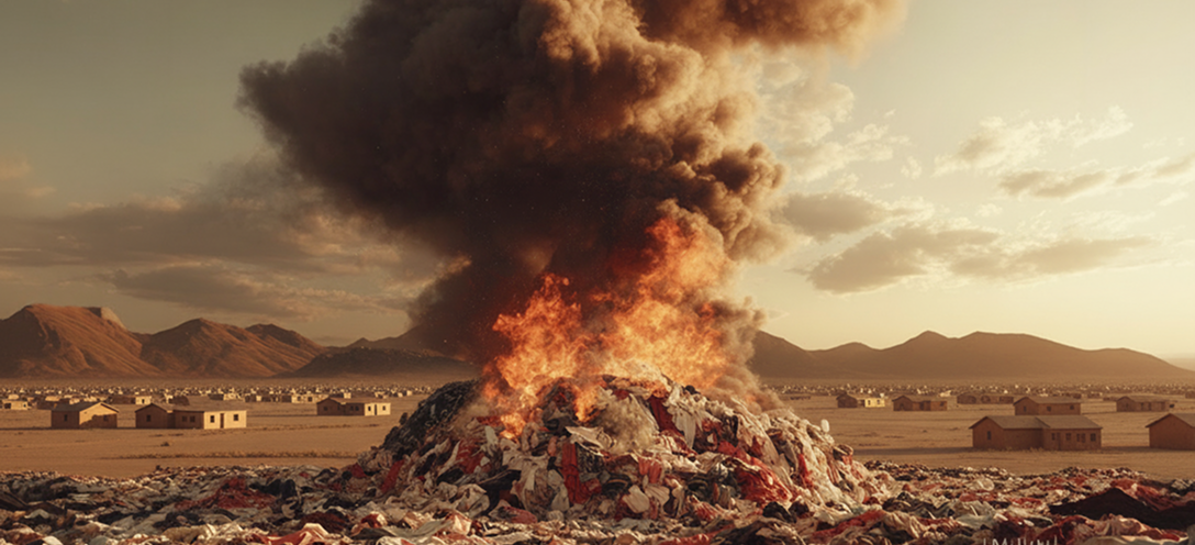 Woman wearing light-colored jeans and a white tank top standing in front of a mirror, adjusting her jeans indoors with a cardboard box labeled 'RETURN' and folded clothes nearby.