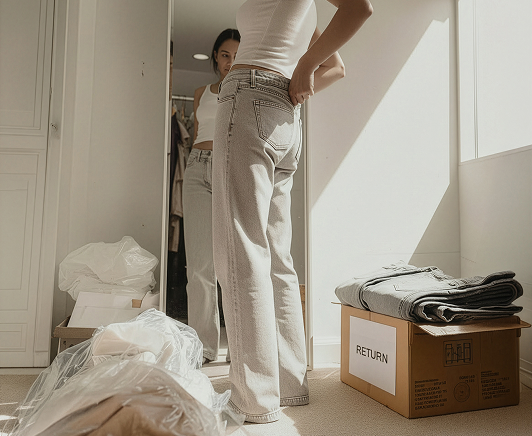 Person wearing light-colored jeans and white tank top adjusting their jeans while looking at themselves in a full-length mirror in a sunlit room with boxes and clothing nearby.