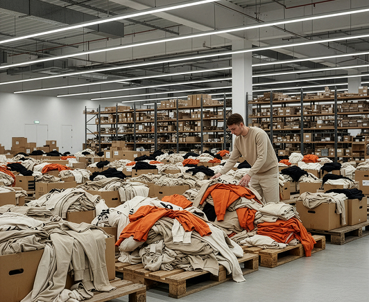 Man sorting orange and beige clothing piled on wooden pallets inside a spacious warehouse with shelves of boxes in the background.