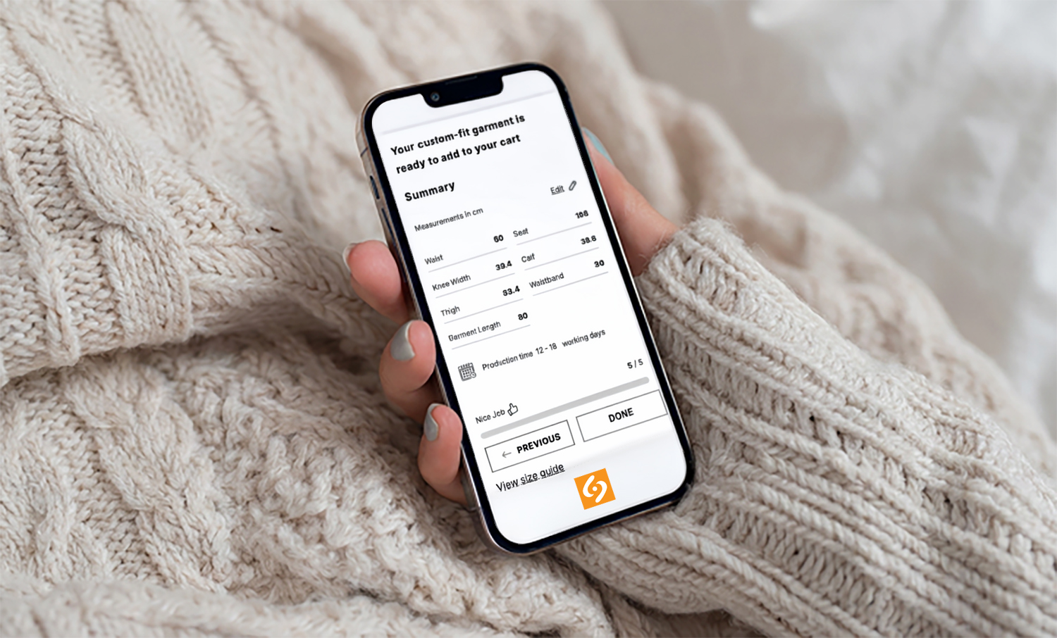Shapely app showing custom measurement summary on a smartphone