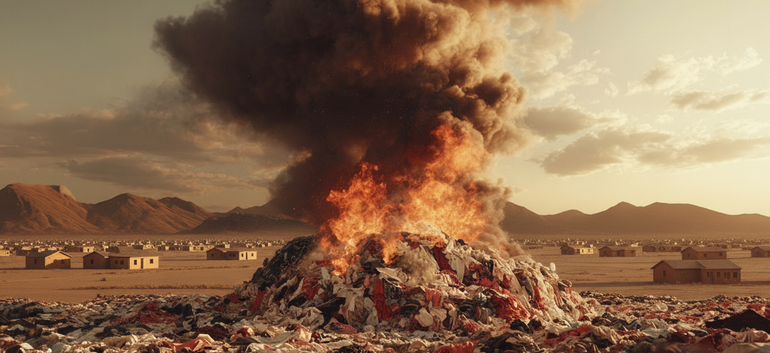 A pile of unsold textiles burning at a landfill site