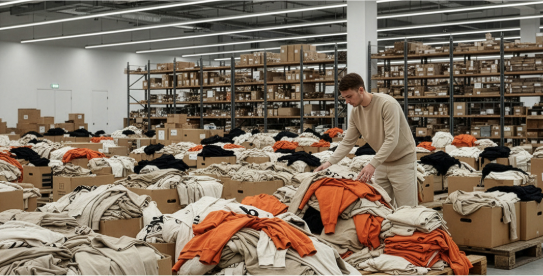 A person sorting through large piles of unsold clothing in a warehouse