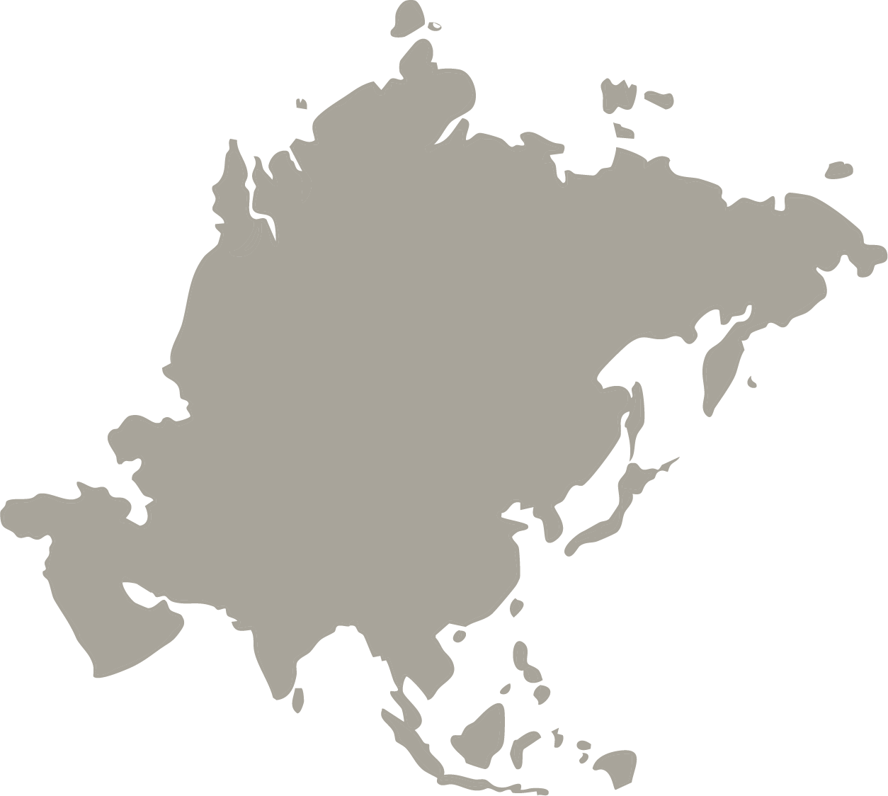 Simple gray silhouette map of the continent of Asia with no labels or details.