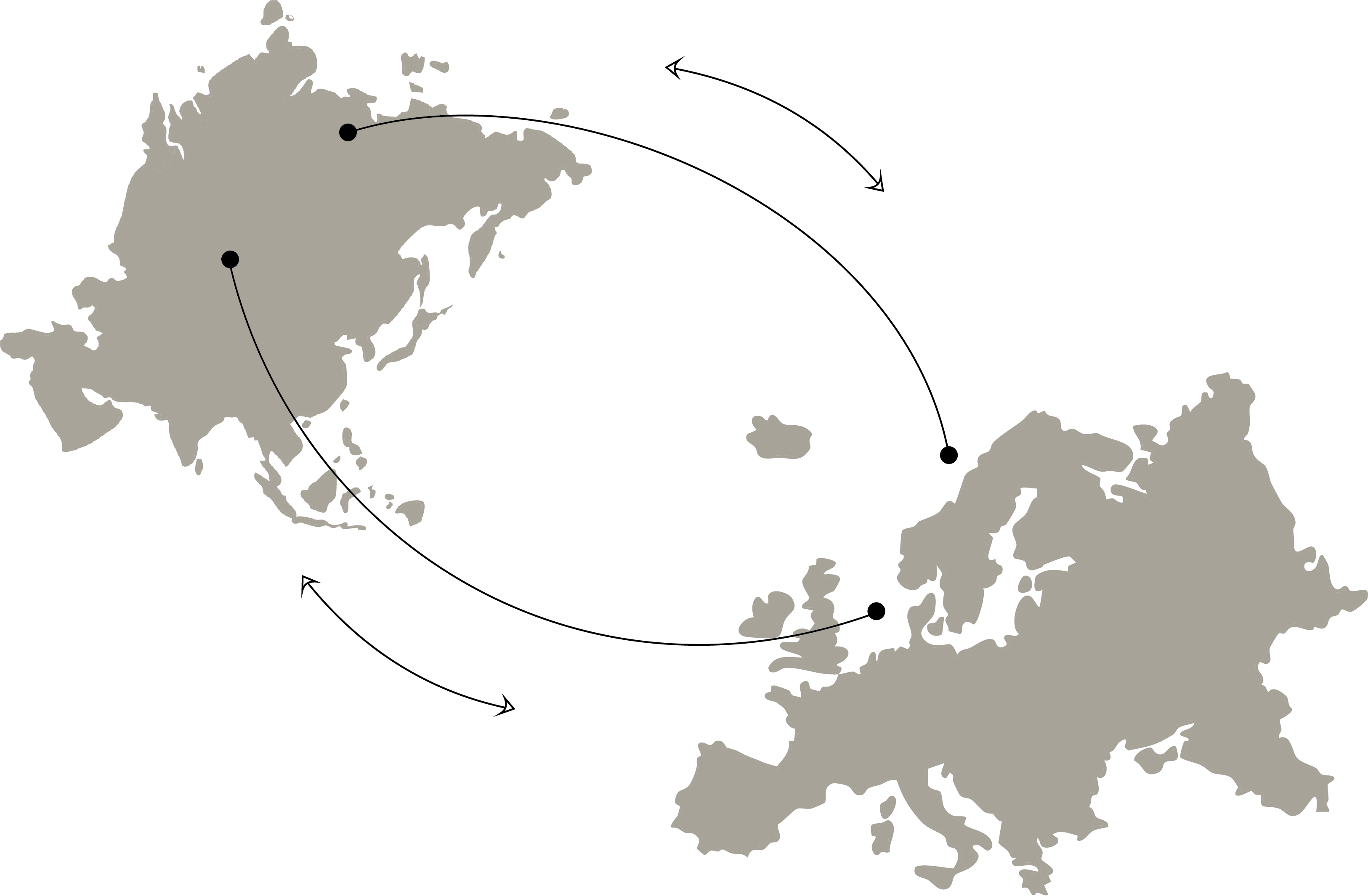 Simplified map of Europe and Asia with three marked connection points linked by lines.