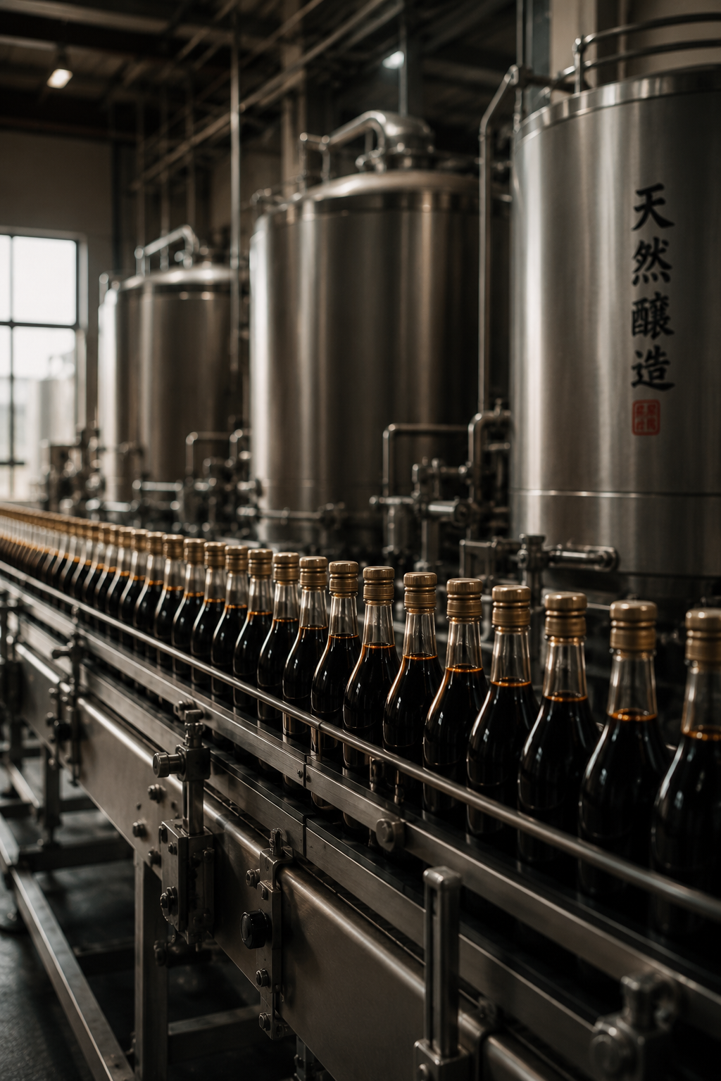Line of dark bottled liquid on a conveyor belt in a factory with large stainless steel tanks in the background.