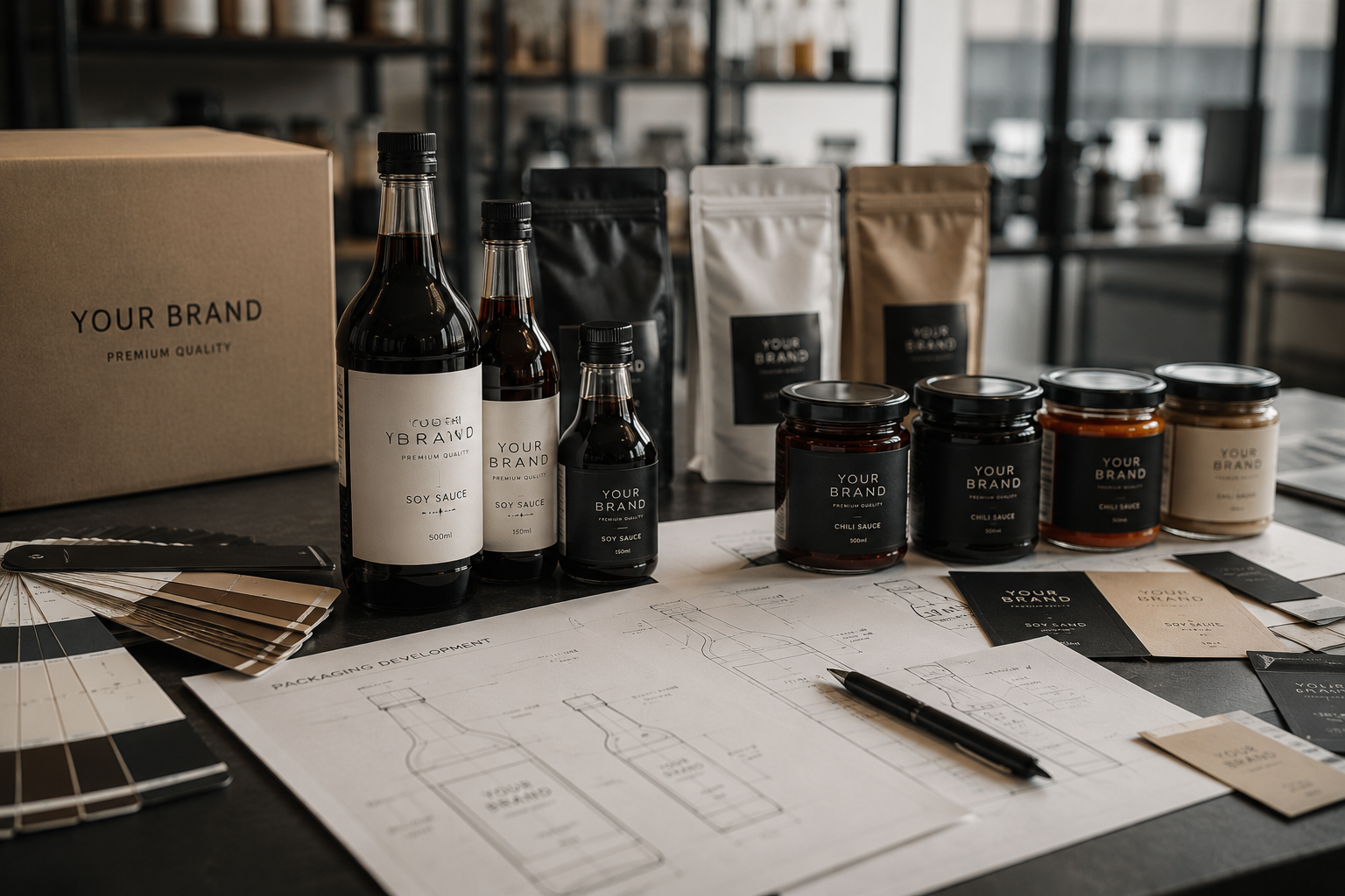Bottles, jars, packaging samples, and branding designs for soy sauce and chili sauce on a table.