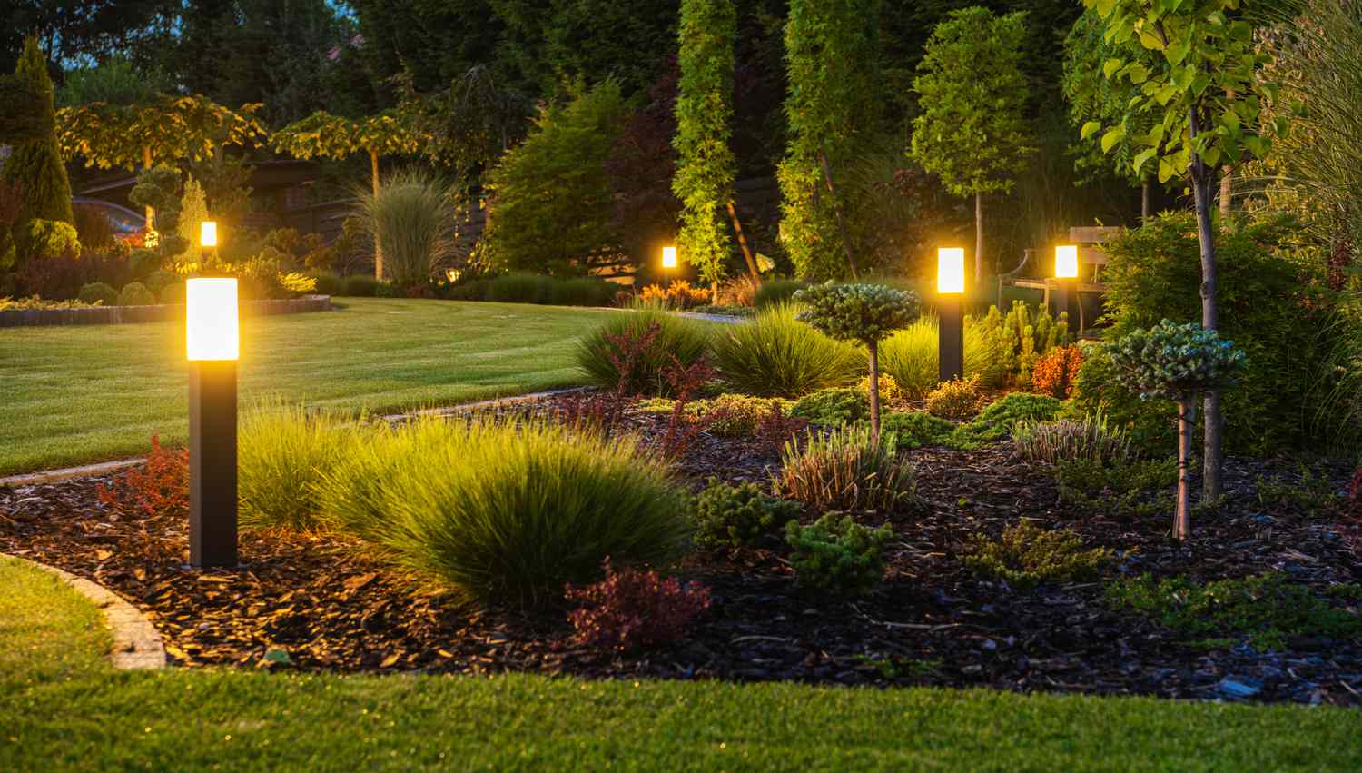Landscape garden with illuminated bollard lights along a mulch bed with shrubs and small trees at dusk.