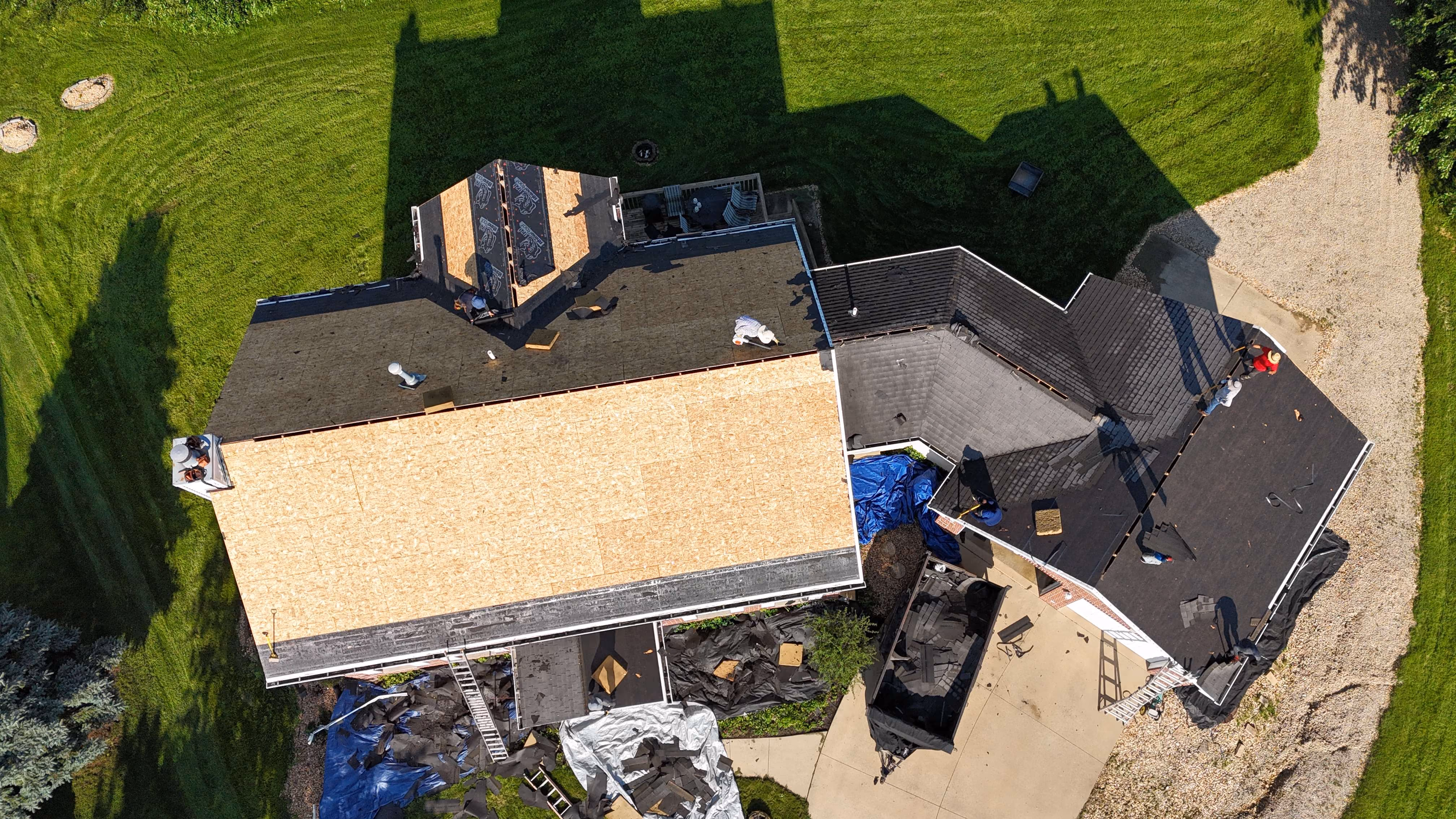 Aerial view of a completed roofing project by Passion Exteriors in Eastern Iowa
