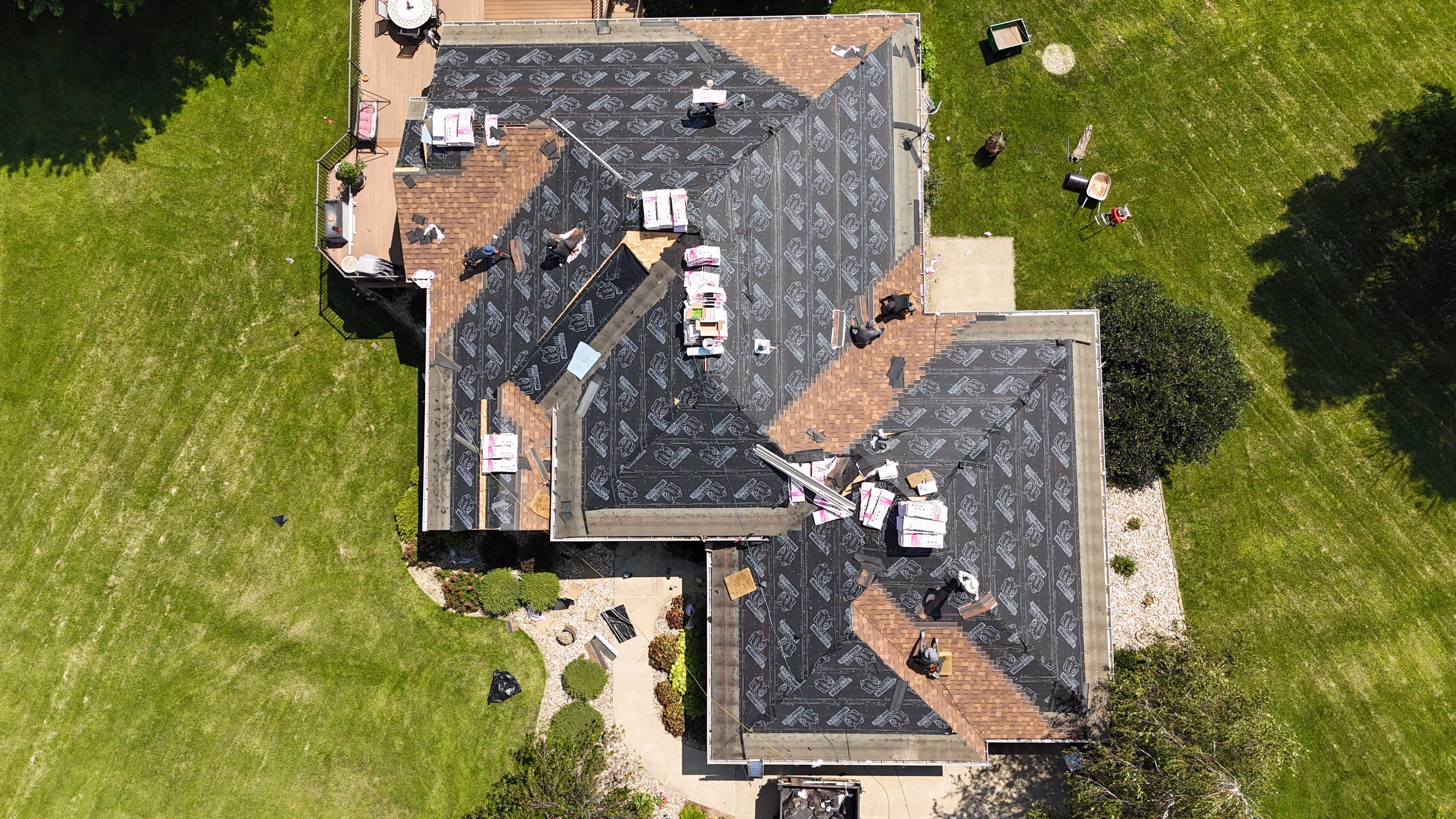 Aerial view of a completed roofing project by Passion Exteriors in Eastern Iowa