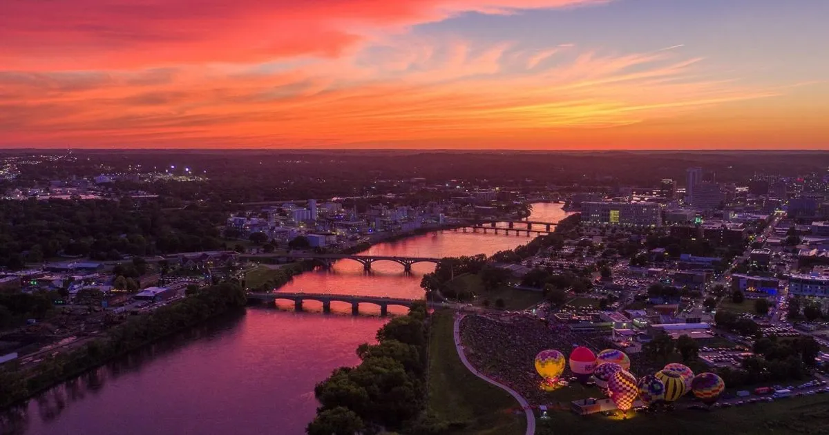 Aerial view of the Cedar River at sunset in Cedar Rapids, Iowa
