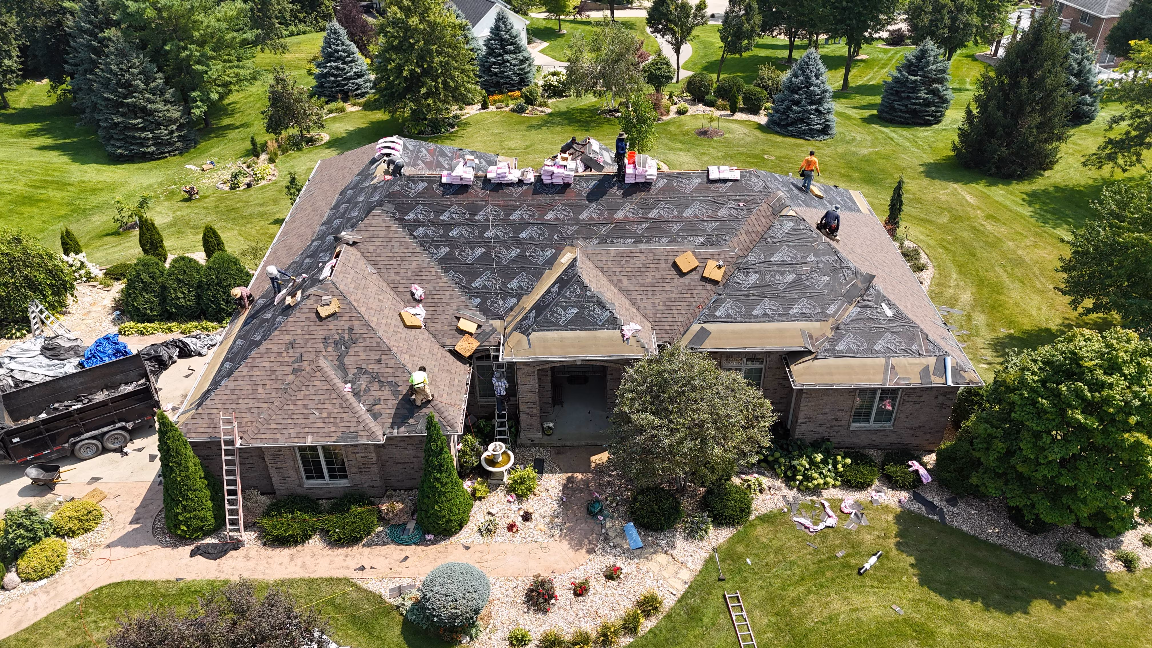 Aerial view of a completed roofing project by Passion Exteriors in Eastern Iowa