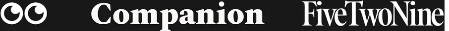 Companion and FiveTwoNine logos with stylized eyes on a black background.
