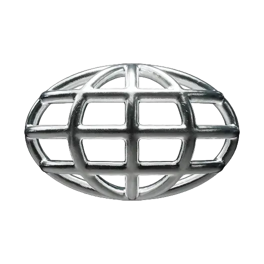 Shiny silver globe grid icon with horizontal and vertical bars representing global connection.