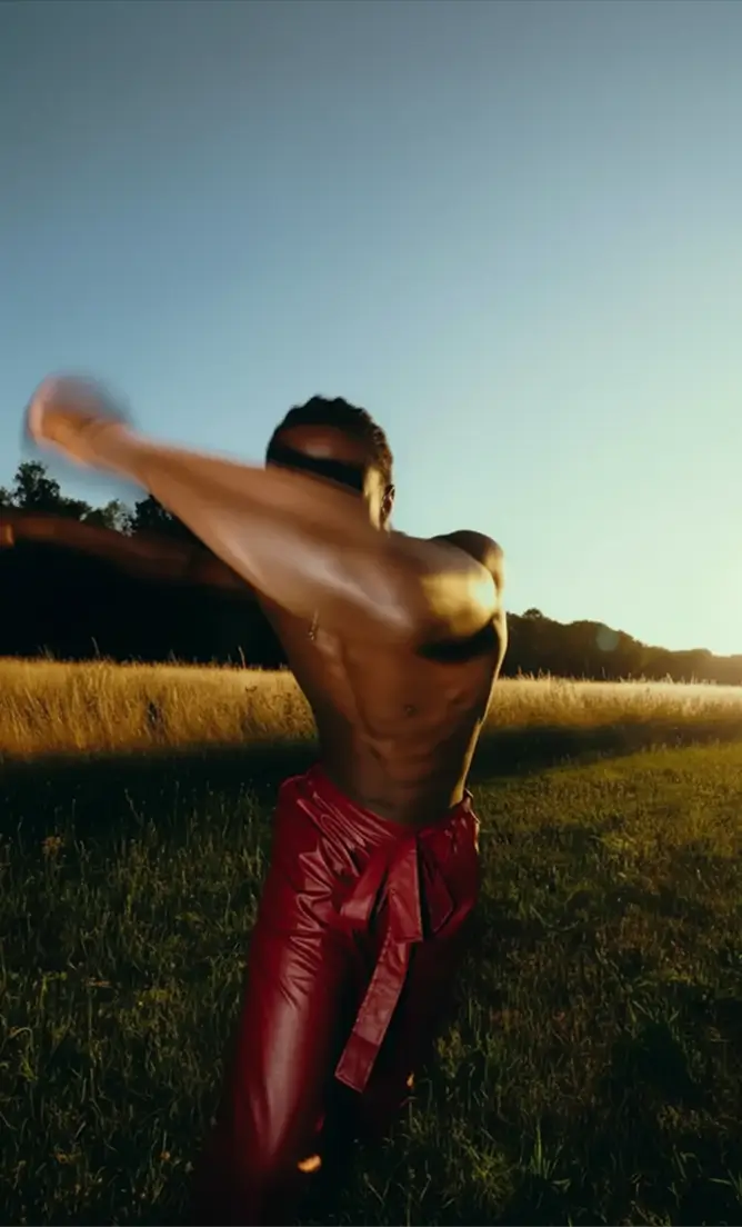 Shirtless man in red pants dancing energetically outdoors in a sunlit grassy field during golden hour.