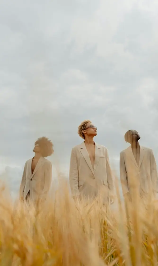 Three men in beige suits standing in tall golden grass looking in different directions under a cloudy sky.