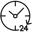 Infographic with four circular icons around a central circle labeled 24h, representing all-day service with icons for a delivery truck, medical cross, handshake, and car.