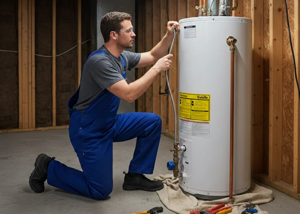 Plumber wearing blue overalls and safety glasses kneeling and repairing a white water heater in an unfinished wooden wall room.