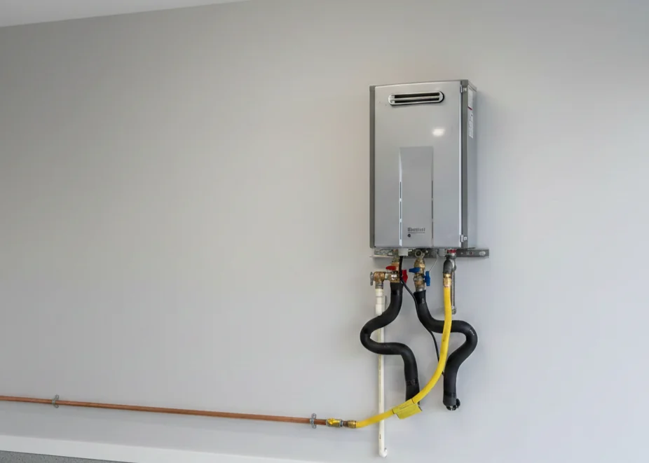 Wall-mounted tankless water heater with connected pipes and insulated black tubing against a light gray wall.