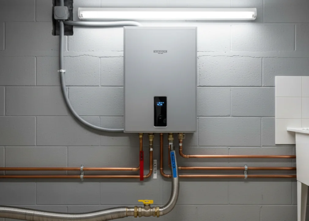 Modern tankless water heater installed on a gray cinder block wall with copper and metal piping connected, illuminated by a fluorescent light above.