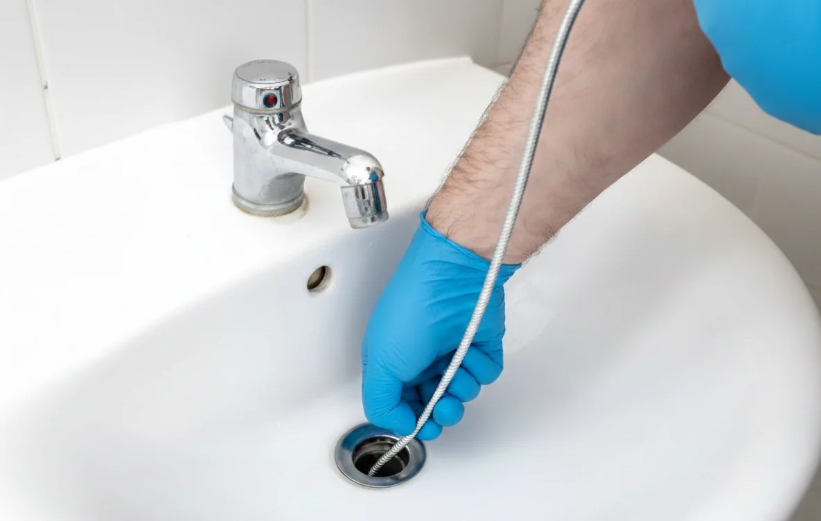 Hand in blue glove using a drain snake to unclog a white sink drain with a chrome faucet.