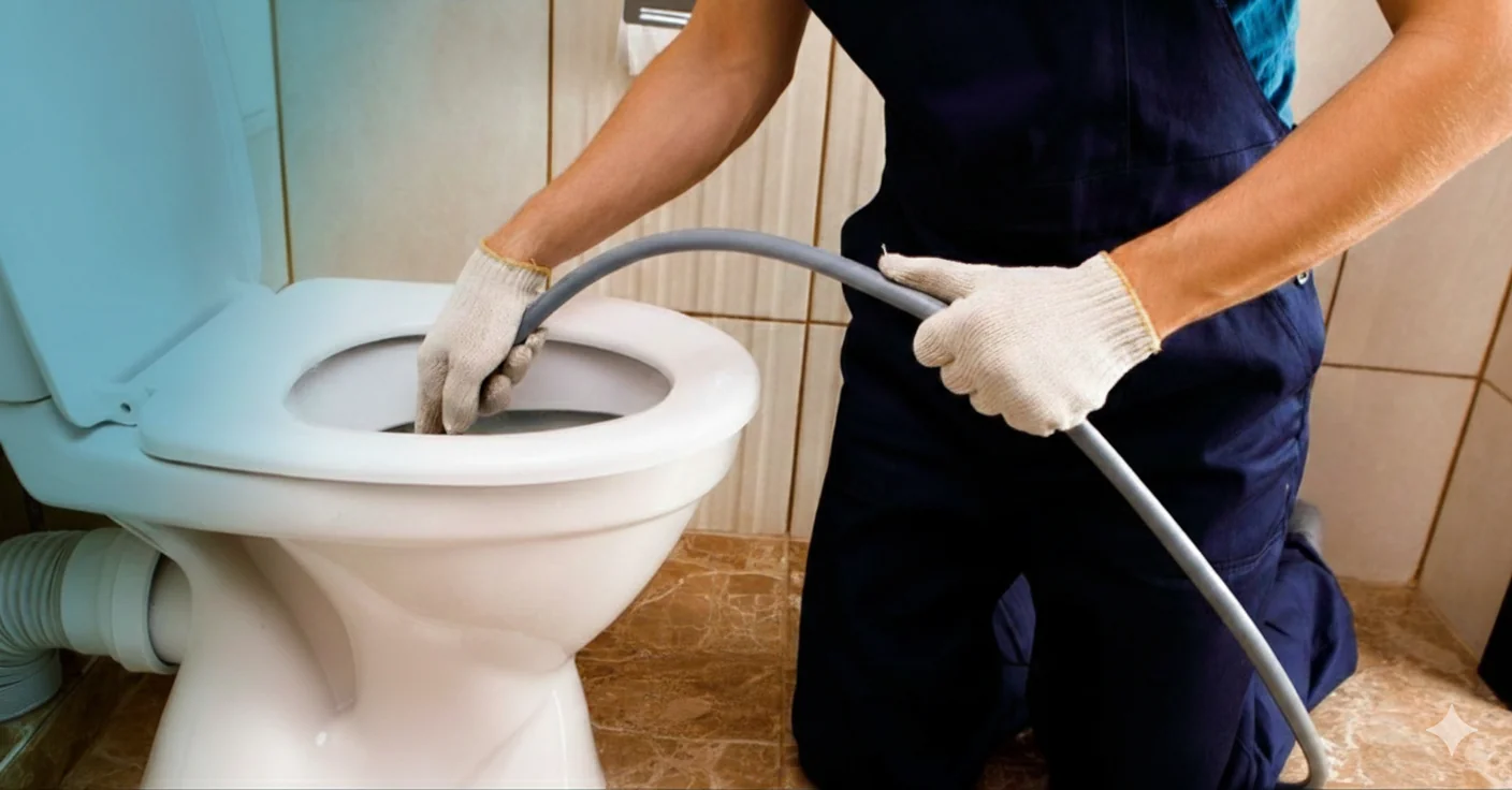 Plumber wearing gloves unclogging a white toilet with a flexible drain snake in a bathroom.