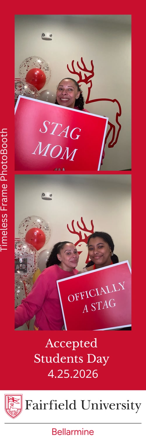 A two-photo collage for Fairfield University Accepted Students Day. Top photo displays a woman holding the sign "Stag Mom". Bottom photo is of two women holding a sign that says "Officially a Stag". 