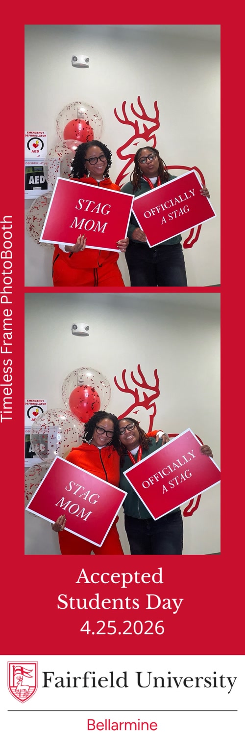 A two-photo collage for Fairfield University's Accepted Students Day. Both photos display a mother and daughter. The mom is holding a "Stag Mom" sign, the daughter holding an "Officially a Stag" sign. 
