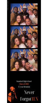 Seven people pose for a three picture photo collage during the Stamford High School Class of 2010 15 Year reunion.