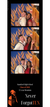 Two people pose for a three picture photo collage during the Stamford High School Class of 2010's 15 Year reunion.