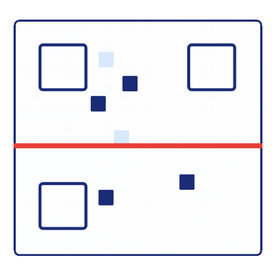 Diagram of a volleyball court with four player positions indicated by squares on each side and a red net line in the center.