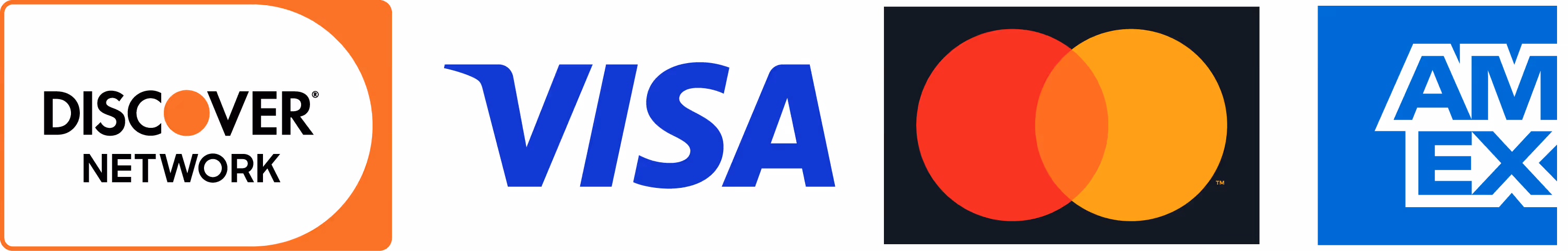 logos of the cards accepted, Mastercard, visa, discover, and Amex