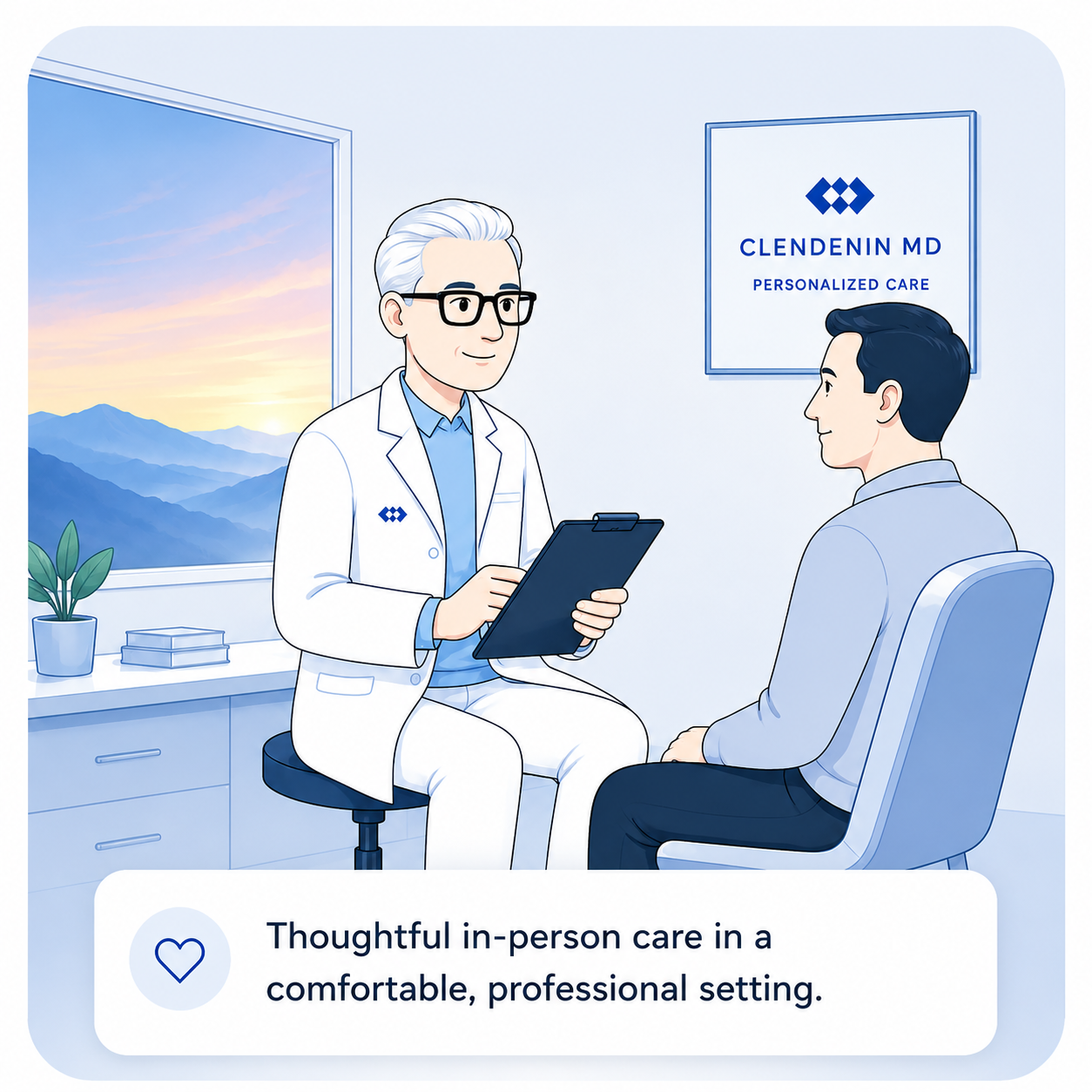 Physician speaking face-to-face with an adult patient during an in-person evaluation