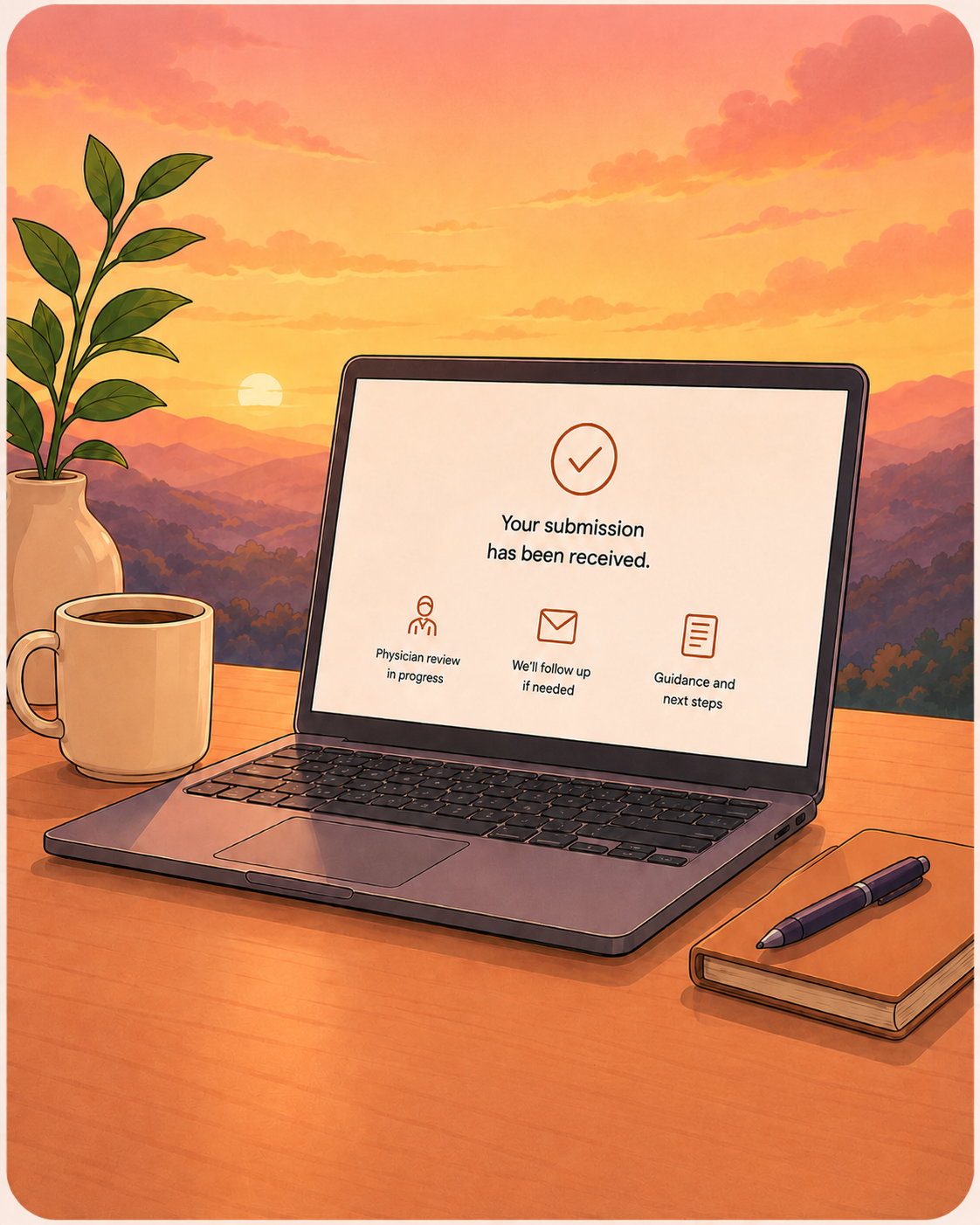 Illustrated laptop scene representing asynchronous remedies and online intake