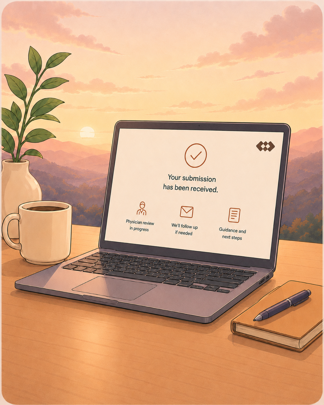 Illustrated laptop scene representing asynchronous remedies and online intake
