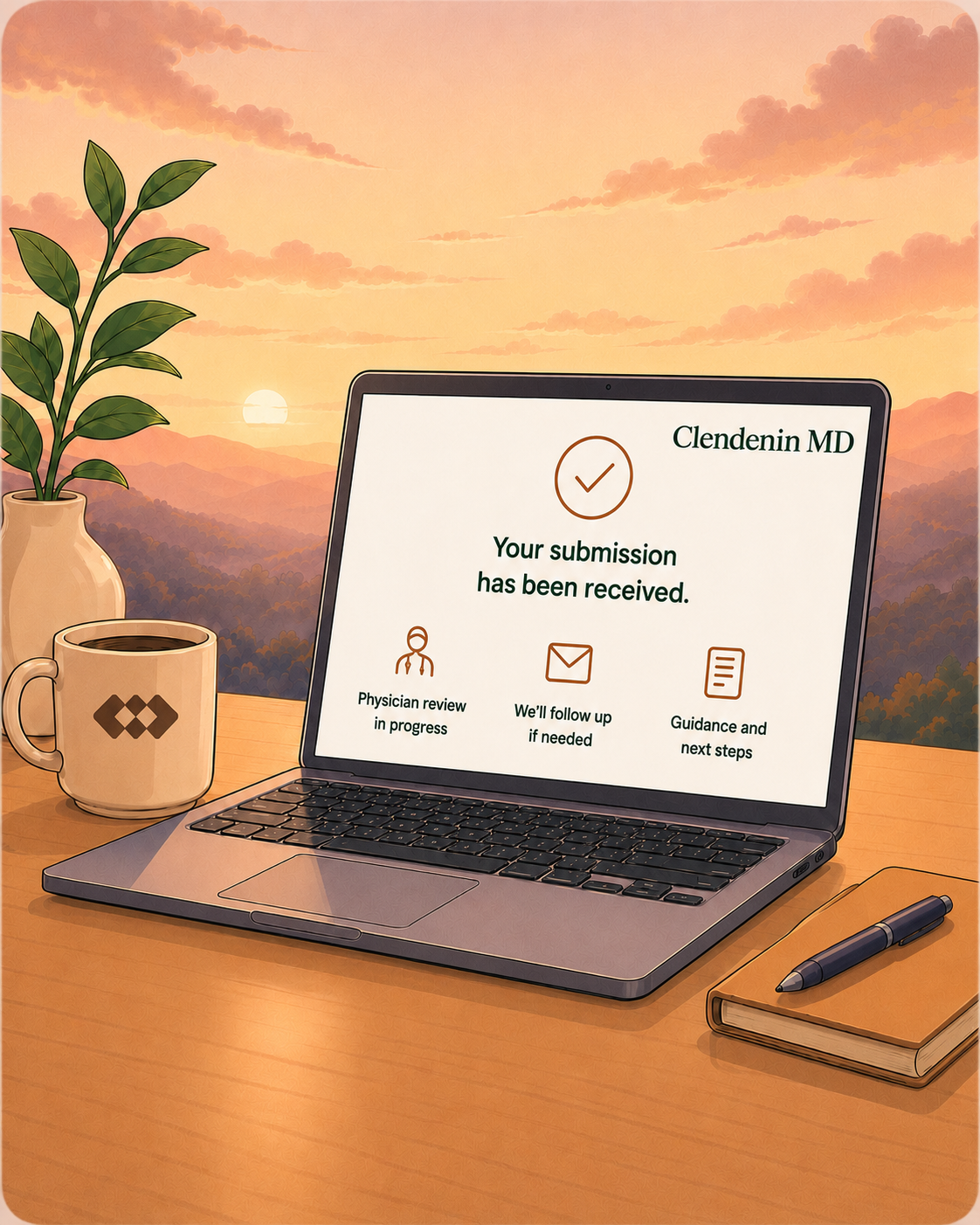 Illustrated laptop scene representing asynchronous remedies and online intake