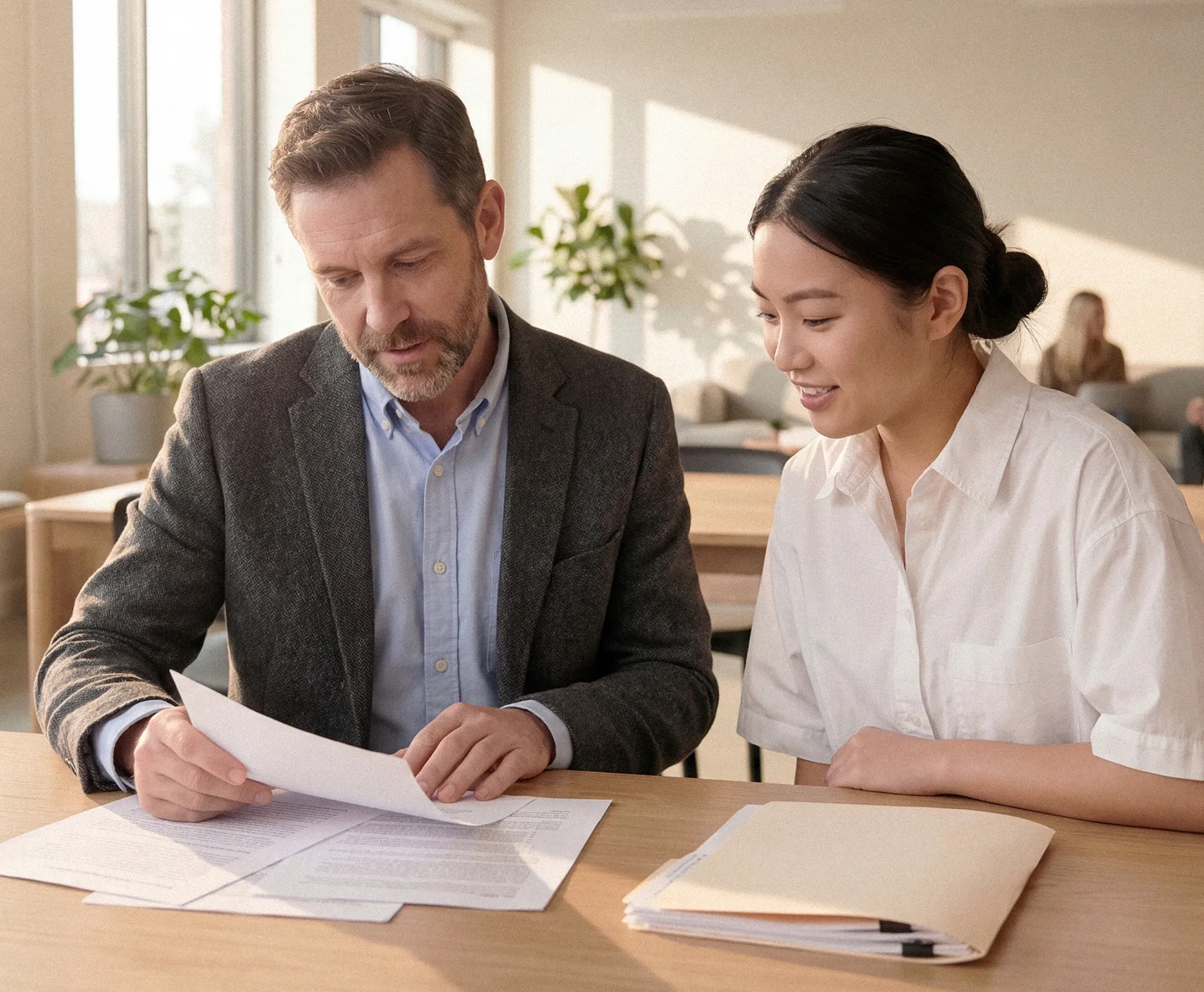 Two business professionals engage in a friendly conversation during a meeting in a bright, modern office filled with plants