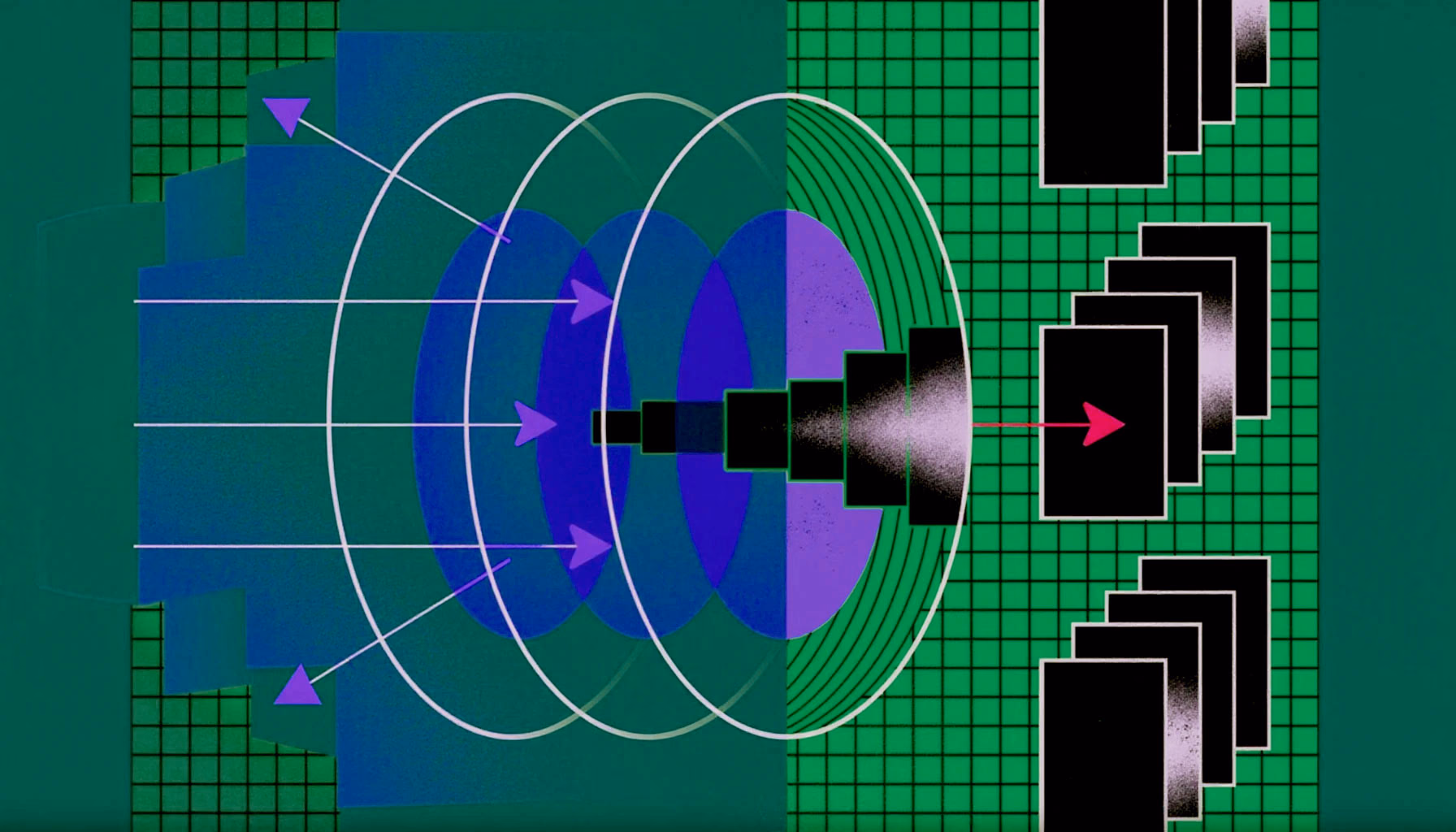 Abstract illustration of layered signal rings and circuit elements, representing QSBS legislative changes and tiered benefits